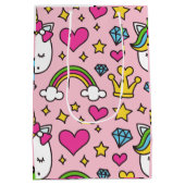 ユニコーンおもしろいパターンピンク魔法ウマかわいい ミディアムペーパーバッグ (裏面)