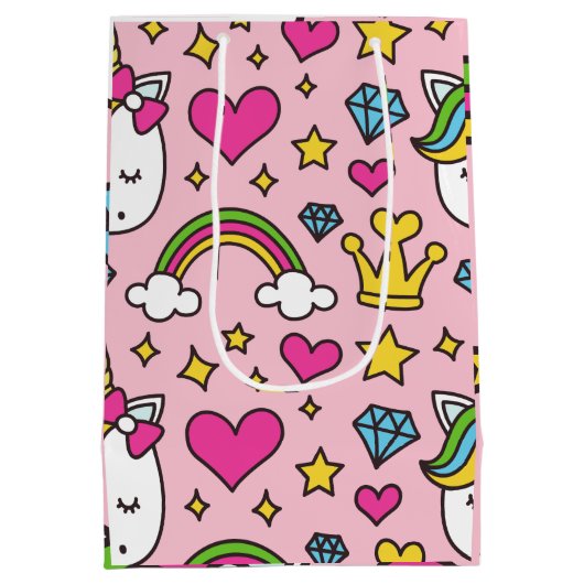 ユニコーンおもしろいパターンピンク魔法ウマかわいい ミディアムペーパーバッグ (裏面)