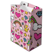 ユニコーンおもしろいパターンピンク魔法ウマかわいい ミディアムペーパーバッグ (裏面アングル)