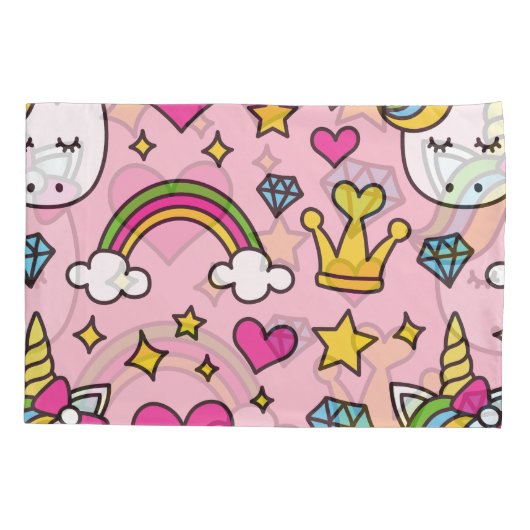 ユニコーンおもしろいパターンピンク魔法ウマかわいい 枕カバー (裏面-左)