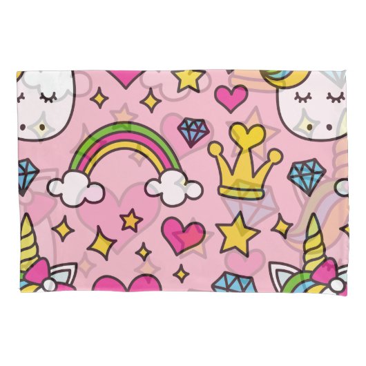 ユニコーンおもしろいパターンピンク魔法ウマかわいい 枕カバー (正面左)