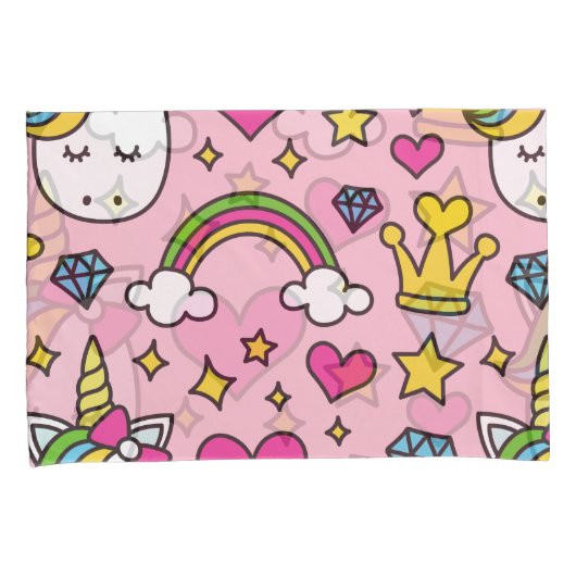ユニコーンおもしろいパターンピンク魔法ウマかわいい 枕カバー (正面右)