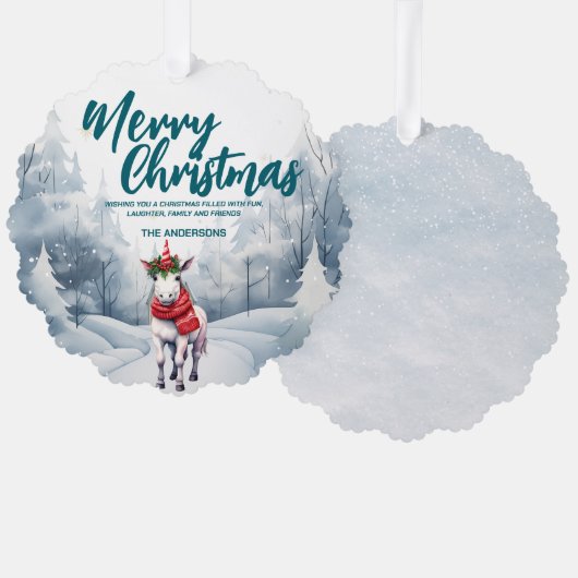 ユニコーンおもしろいメリークリスマスツリー雪の休日 オーナメントカード (正面/裏面)