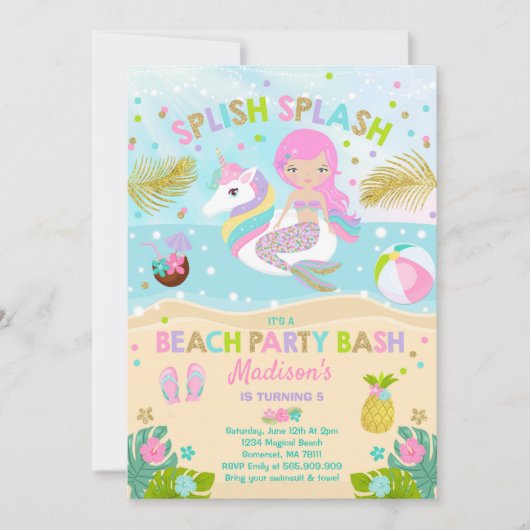 ユニコーンおよび人魚のビーチのパーティの招待状 招待状 (正面)