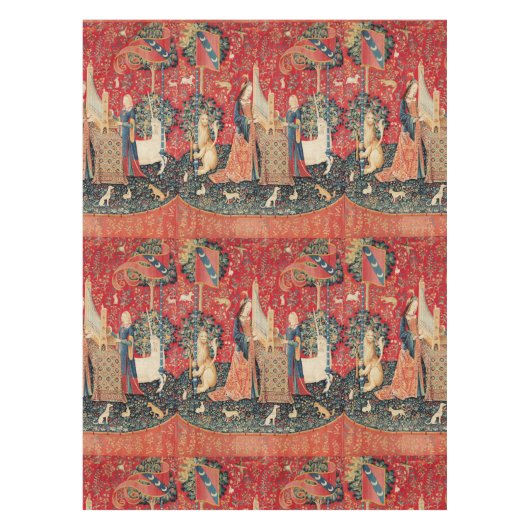 ユニコーンおよび女性PLAYING ORGAN、動物の赤い緑 テーブルクロス (正面)