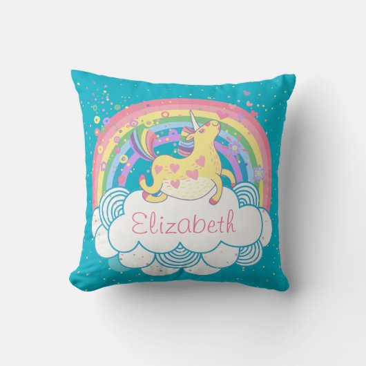ユニコーンおよび虹のパーソナライズな女の子の枕ギフト クッション (正面)