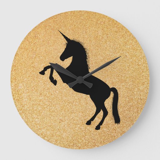 ユニコーンおよび金ゴールドグリッター ラージ壁時計 (正面)