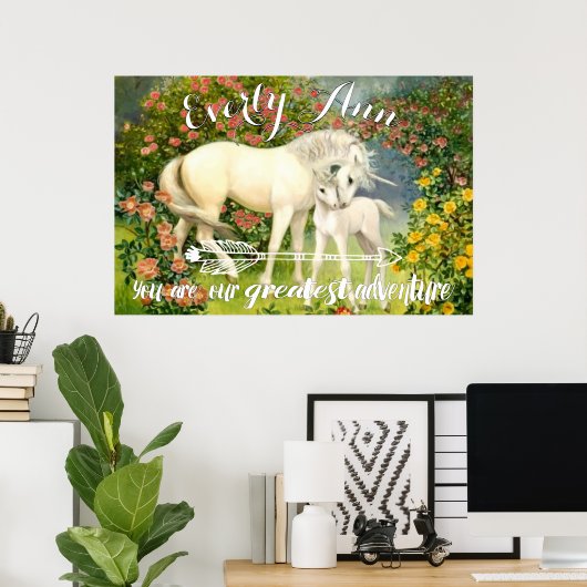 ユニコーンお母さんとベビーが花の中で春 ポスター (ホームオフィス)