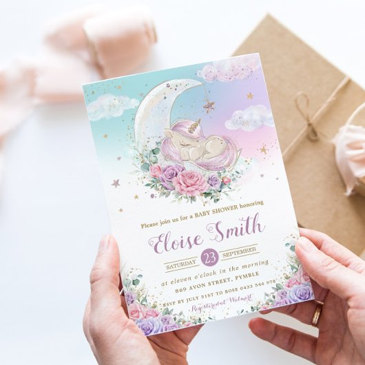ユニコーンお洒落ムーンパープルフローラベビーシャワー 招待状