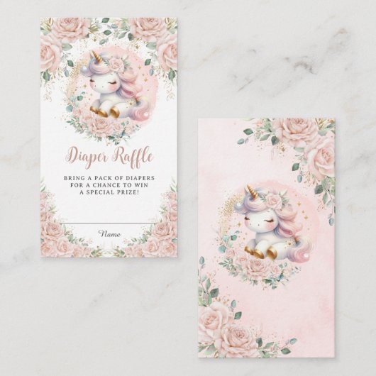 ユニコーンお洒落赤面ピンクフローラおむつラッフル エンクロージャーカード (正面/裏面)