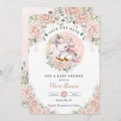 ユニコーンお洒落赤面ピンクフローラ赤ちゃんシャワー セーブザデート (正面/裏面)