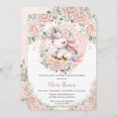 ユニコーンお洒落赤面ピンクフローラ赤ちゃんシャワー 招待状 (正面/裏面)