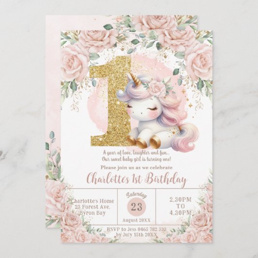 ユニコーンお洒落赤面ピンクフローラ1st誕生日 招待状 (正面/裏面)