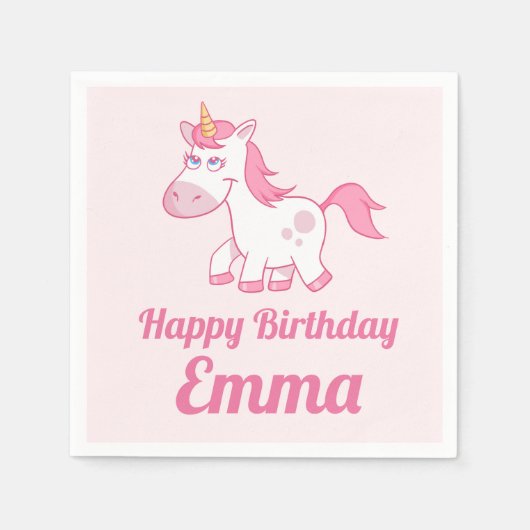 ユニコーンかわいいピンク誕生日紙ナプキン スタンダードカクテルナプキン (正面)