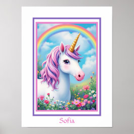 ユニコーンかわいい女の子のピンクと紫の追加の名前 ポスター