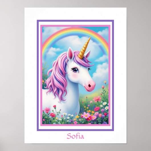 ユニコーンかわいい女の子のピンクと紫の追加の名前 ポスター (正面)
