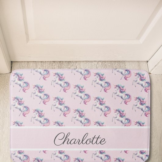 ユニコーンかわいい水彩模様パーソナライズされた名 バスマット