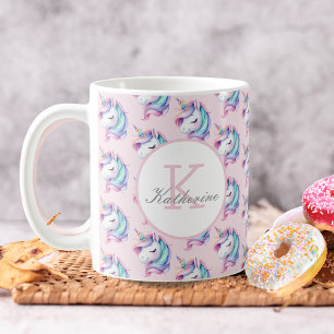 ユニコーンかわいい水彩模様名前をカスタムする コーヒーマグカップ