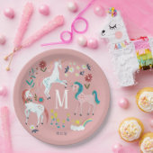 ユニコーンかわいい魔法の女の子モノグラム誕生日 ペーパープレート (パーティー)