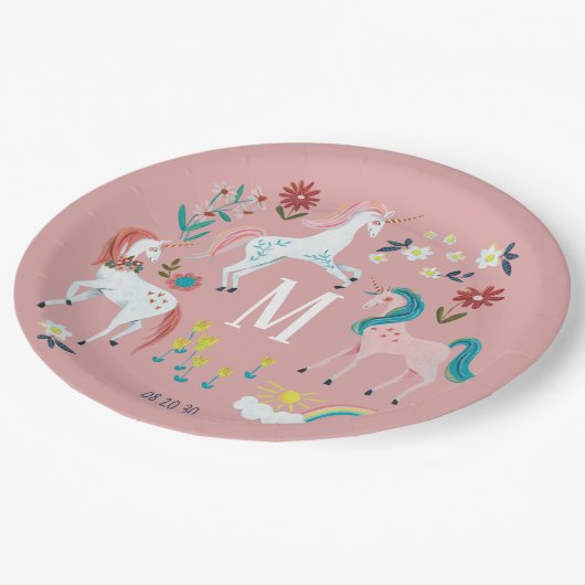 ユニコーンかわいい魔法の女の子モノグラム誕生日 ペーパープレート (アングル)