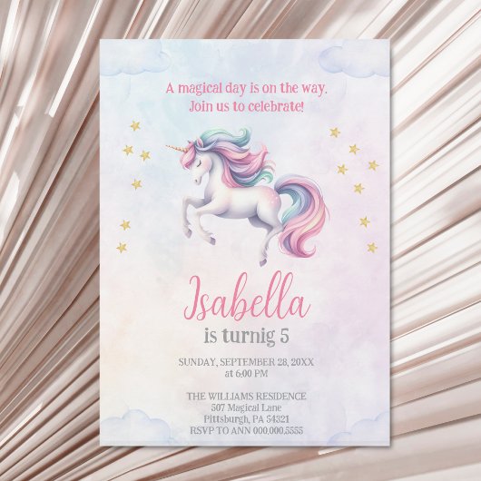 ユニコーンかわいい魔法の水の色の誕生日パーティー 招待状