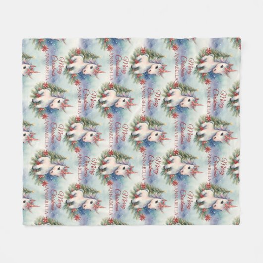 ユニコーンかわいらしのクリパーソナライズされたスマス フリースブランケット (正面(横))