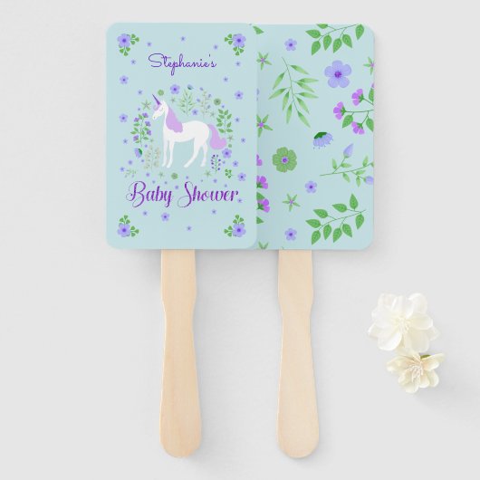 ユニコーンかわいらしパープルアクアベビーシャワー ハンドファン (正面&裏面)