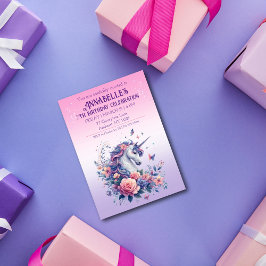 ユニコーンかわいらしピンクパープルガールグラデーションズ誕生日 招待状