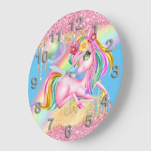 ユニコーンかわいらしピンク金ゴールドグリッターレインボー魔法 ラージ壁時計 (傾斜)