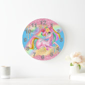 ユニコーンかわいらしピンク金ゴールドグリッターレインボー魔法 ラージ壁時計 (ホーム)