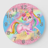 ユニコーンかわいらしピンク金ゴールドグリッターレインボー魔法 ラージ壁時計 (正面)