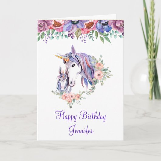 ユニコーンかわいらしママ&ベビーウォーターカラー誕生日 カード (正面)