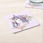 ユニコーンかわいらしママ&ベビーウォーター色フローラ スクエアペーパーコースター (アングル)