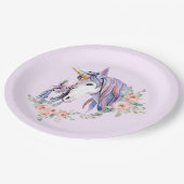 ユニコーンかわいらしママ&ベビーウォーター色フローラ ペーパープレート (アングル)