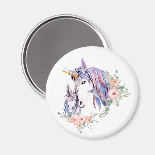 ユニコーンかわいらしママ&ベビーウォーター色フローラ マグネット (正面/裏面)