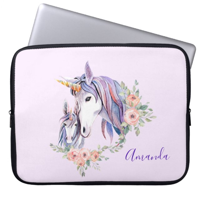 ユニコーンかわいらしママ&ベビーウォーター色フローラ ラップトップスリーブ (正面)