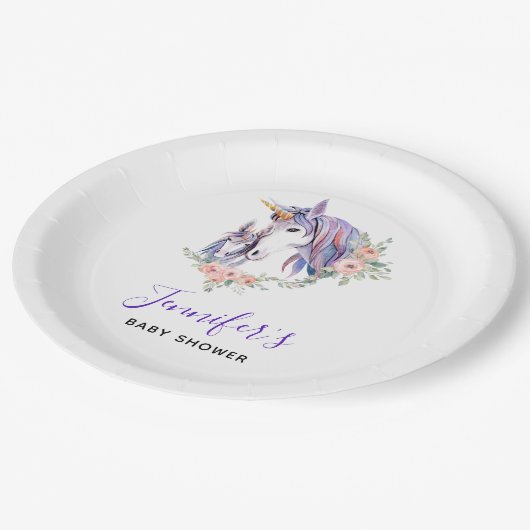 ユニコーンかわいらしママ&ベビー水彩赤ちゃんシャワー ペーパープレート (アングル)