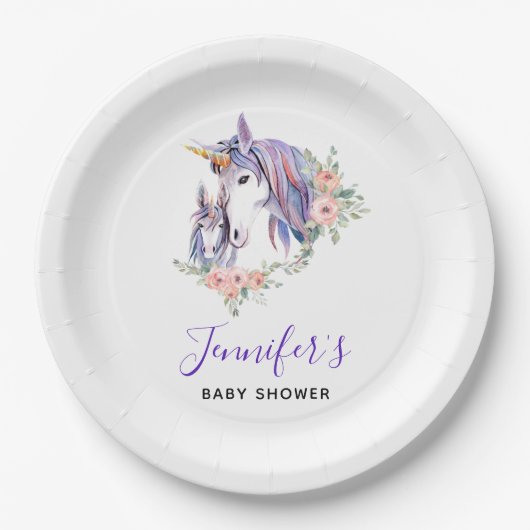 ユニコーンかわいらしママ&ベビー水彩赤ちゃんシャワー ペーパープレート (正面)