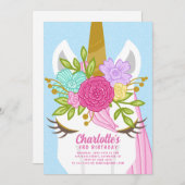 ユニコーンかわいらし顔フローラ誕生日招待状 招待状 (正面/裏面)