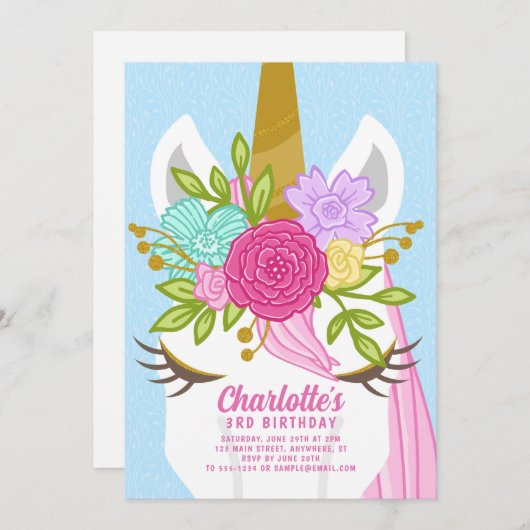 ユニコーンかわいらし顔フローラ誕生日招待状 招待状 (正面/裏面)