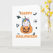 ユニコーンがカボチャに座っている かわいいユニコーン ハッピー ハロウィン カード (黄色い花)