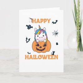 ユニコーンがカボチャに座っている かわいいユニコーン ハッピー ハロウィン カード