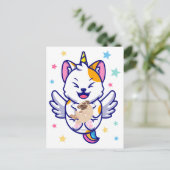 ユニコーンが犬を抱えたパグ かわいいアニメ ポストカード (スタンド正面)
