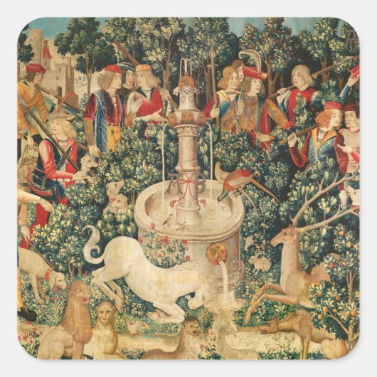 ユニコーンが見つかる/噴水と他の動物 スクエアシール (正面)