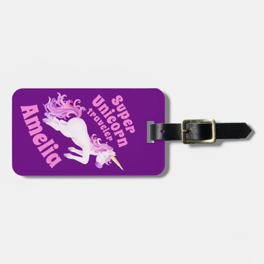 ユニコーンすごいライダーパープルピンクの子供の名前タグ ラゲッジタグ (正面横)