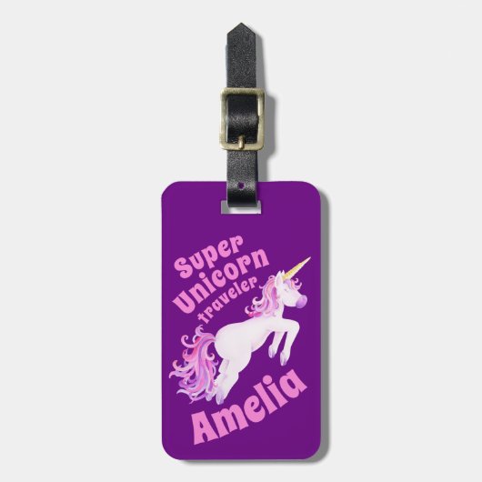 ユニコーンすごいライダーパープルピンクの子供の名前タグ ラゲッジタグ (正面縦)