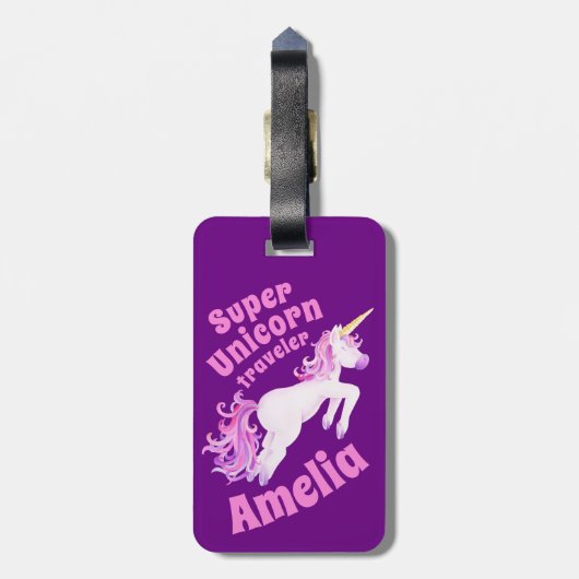 ユニコーンすごいライダーパープルピンクの子供の名前タグ ラゲッジタグ (裏面縦)