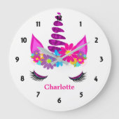 ユニコーンすごい花がガーリー可愛い ラージ壁時計 (正面)