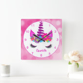 ユニコーンすごい花のかわいいガーリーパーソナライズされた スクエア壁時計 (ホーム)