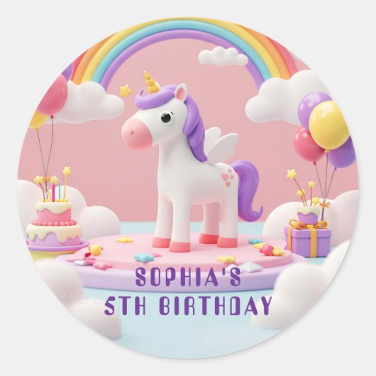 ユニコーンで飛行 – Birthday Party ラウンドシール (正面)